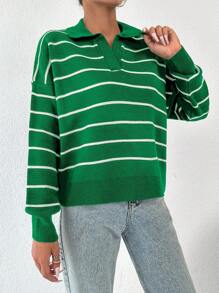 EURMUSE Striped Pattern Drop Shoulder Sweater - Green - View 4