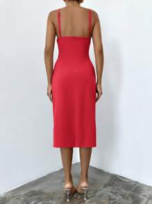 EURMUSE Solid Zipper Back Ruched Cami Dress - Red - View 2