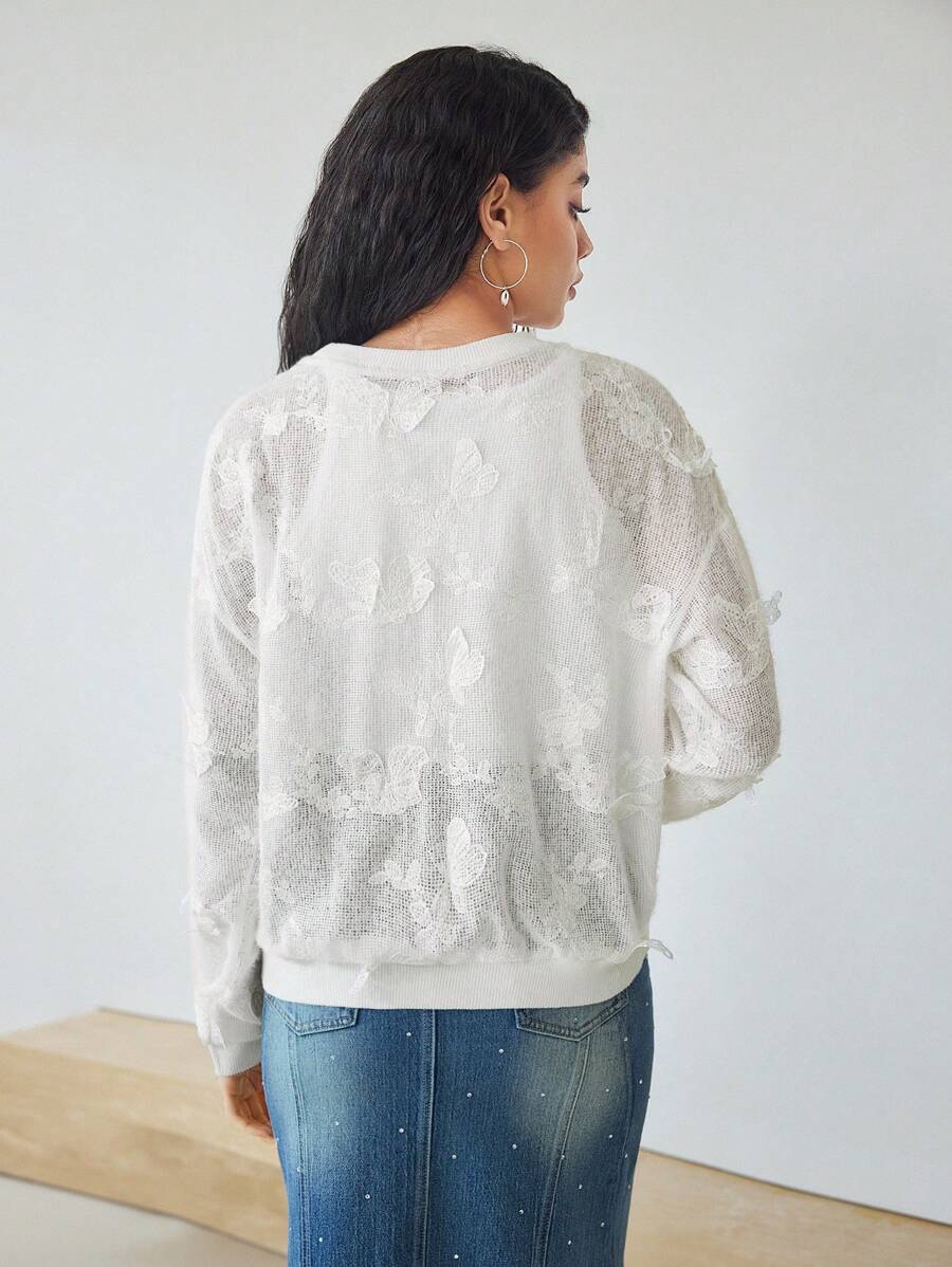 MOTF STUDIO BUTTERFLY PATTERN SHEER LONG SLEEVE T-SHIRT - White - View 2