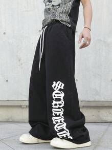 Manfinity EMRG Men's Black Washed Gothic Letter Print Loose Wide Leg Jeans