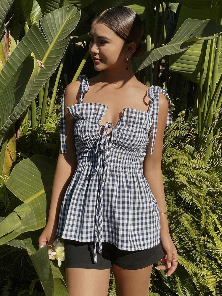 Women's Contrast Color Block Plaid Front Tie-Up Drawstring Ruffle Bowknot Strap Camisole Tank Top For Beach Holiday Babydoll Top