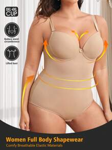 Plus Size Solid Color Spaghetti Strap Simple Fitted Shapewear Bodysuit - Apricot - View 1