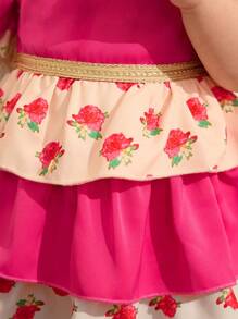 SHEIN Baby Girl Printed Short Sleeve Patchwork Cake Dress, Fashionable Princess Style For Summer