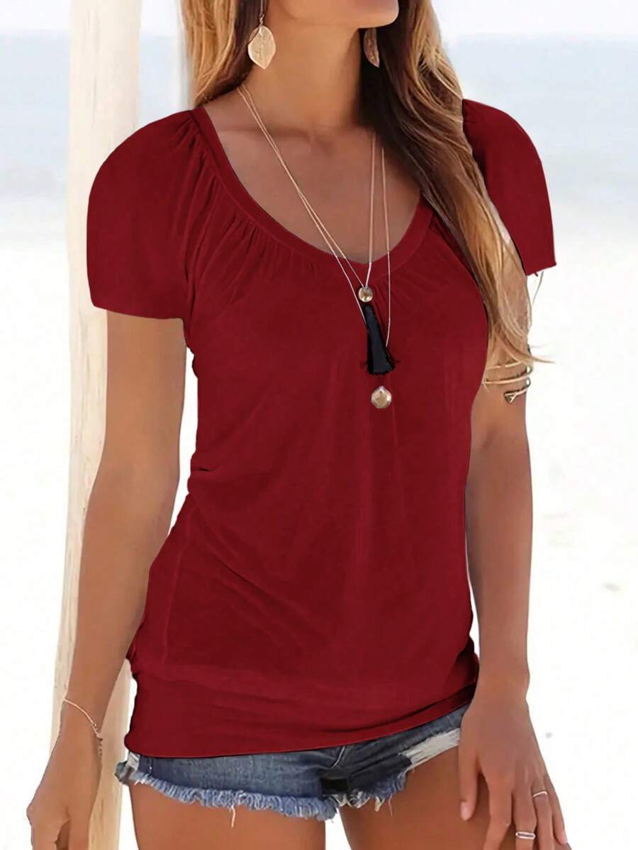 INAWLY 女士 V 领短袖纯色简约 T 恤，休闲日常穿着 - 紅色 - 查看 1