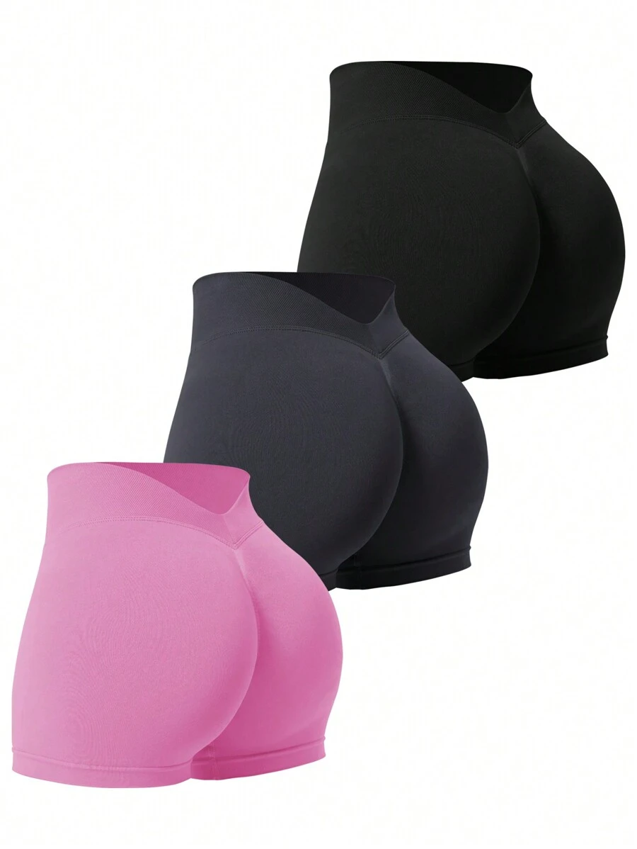 SHEIN Sports 女士纯色休闲运动短裤/无缝/V 腰女士运动短裤、健身短裤、骑行短裤 - 彩色 - 查看 1