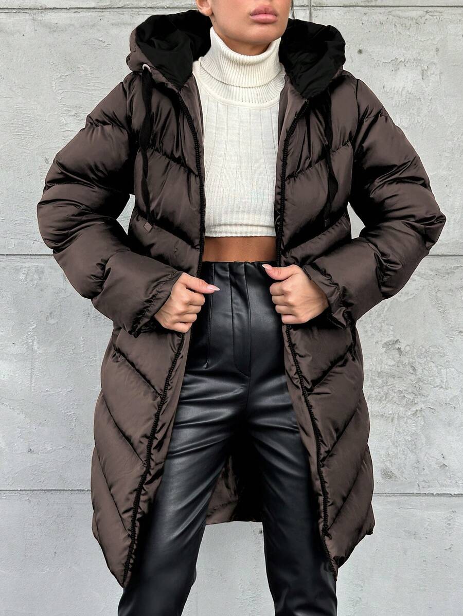 EURMUSE Women's Solid Color Long Sleeve Zipper Front Drawstring Hooded Padded Coat, Winter - Chocolate Brown - View 1