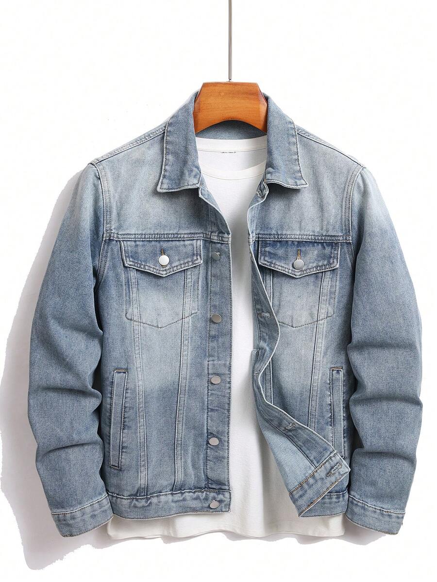 Manfinity Homme Men's Button Front Long Sleeve Pocket Casual Denim Jacket - Light Wash - View 1