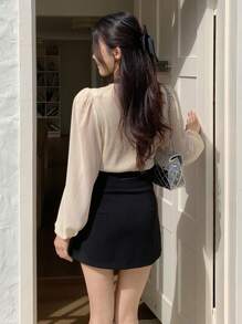 DAZY 女式 V 领撞色休闲长袖衬衫，简约时尚，适合日常穿着，秋季女装