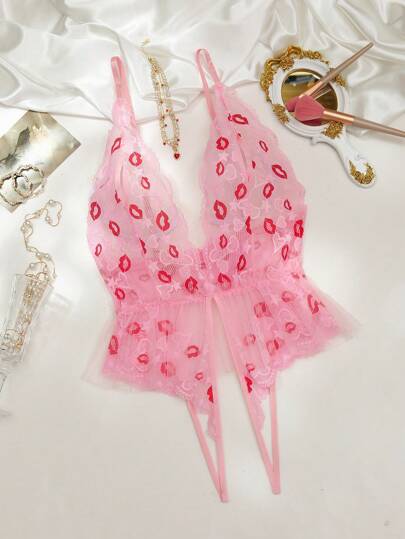 Lips, Heart, Valentine's Day, Open Crotch, Temptation, Sweet Seductive Teddy Jumpsuit For Women