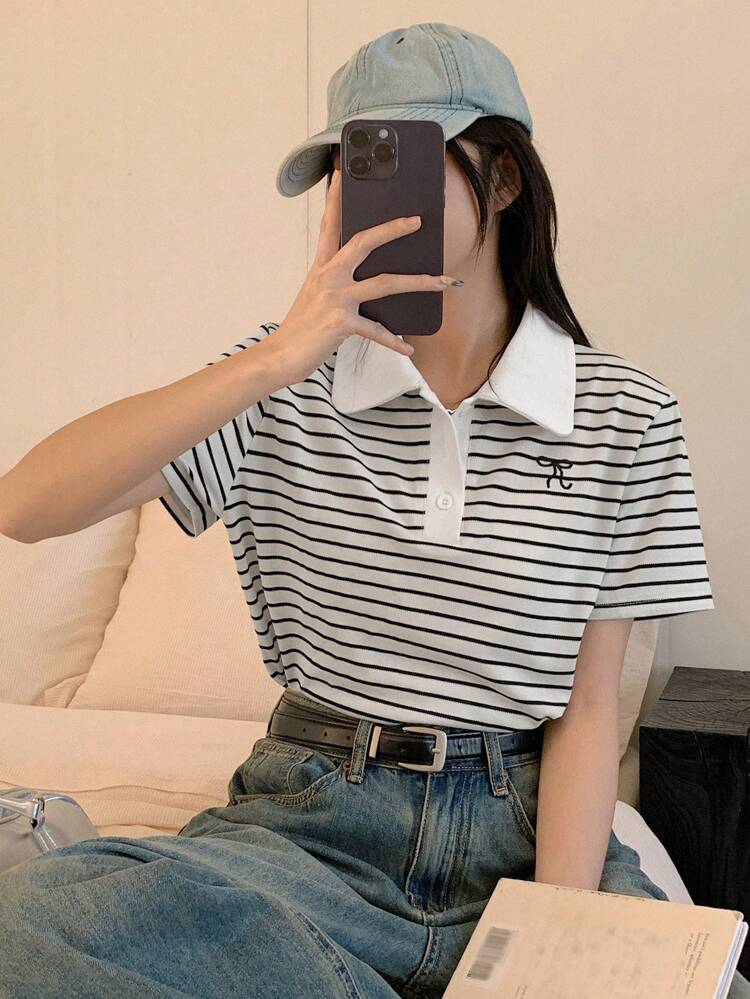 Women Striped Short Sleeve Bow Embroidery Polo Shirt, Teacher