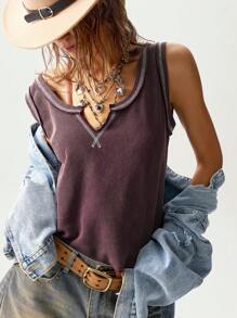 Bohemela BOHO Casual Solid Color Knit V-Neck Cropped Tank Top For Women - Dusty Purple - View 2