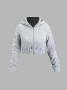 SHEIN Unity Grey Ripped Splice Drawstring Waist Pockets Long Sleeve Short Casual Street Style Sweatshirt For Ladies, Autumn Pullover Fall