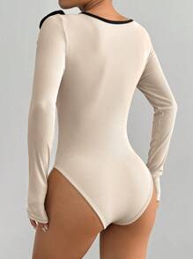 SHEIN Unity 女式长袖紧身衣，黑色配白色条纹，系带，修身，适合日常通勤 - 杏色 - 查看 2