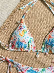 Swim Mod 2pcs/Set Summer Holiday Random Print & Ribbed Texture Seashell Decorated Halter Top & Side Tie Waist Bikini Swimwear, Bohemian - Multicolor - View 4