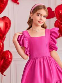 SHEIN Tween Girls' Square Neck Bow Cap Sleeve Dress, Suitable For Valentine's Day, Daily, Commute, Holidays Wear