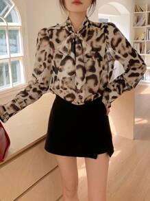 DAZY Women's Casual Leopard Print Chiffon Long Sleeve Blouse Cheetah Print,Fall Women Clothes - Coffee Brown - View 4