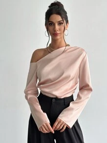 Firerie 节日新款优雅香槟色缎面长袖不对称领褶皱腰衬衫，适合通勤、情人节春夏装