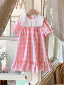 SHEIN Young Girls Loose Fit Pink Woven Dress With Lapel, Elegant French Style, Spring/Summer - Multicolor - View 1