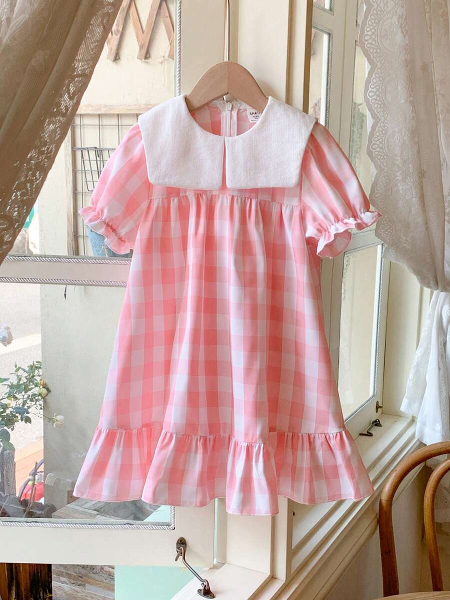 SHEIN Young Girls Loose Fit Pink Woven Dress With Lapel, Elegant French Style, Spring/Summer - Multicolor - View 1