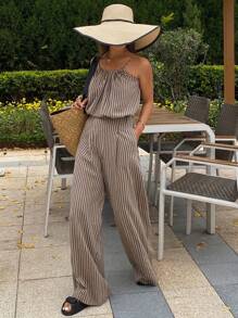 女士休闲度假夏季两件套，宽松条纹吊带背心和阔腿裤，秋季家居服套装 - 卡其色 - 查看 6