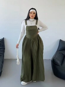 POPSWAY Plus Size New Solid Color Pleated Long Jumpsuit For Women, Loose Design Waist-Cinched Slimming For Summer - Dark Green - View 5
