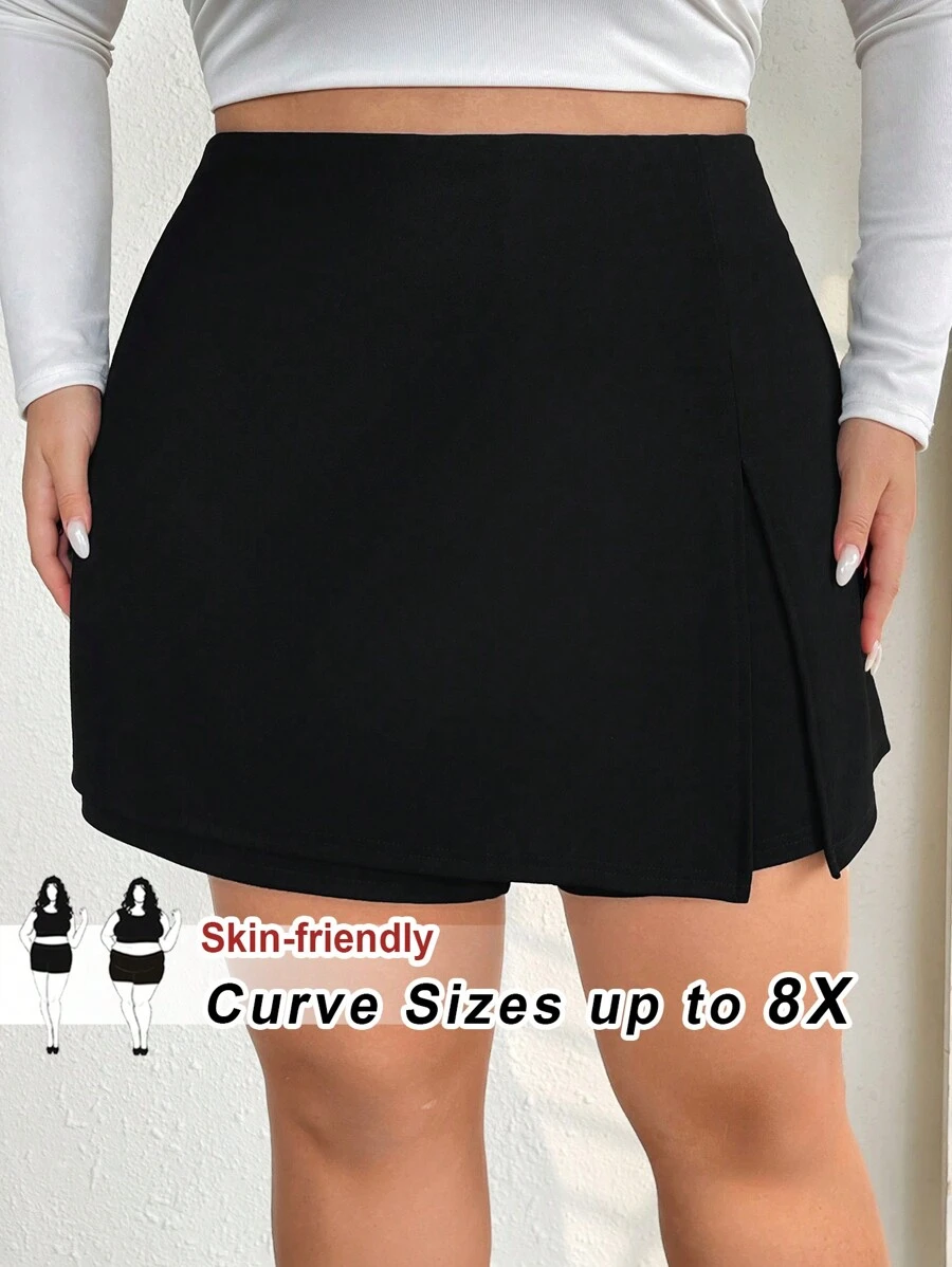 SHEIN CURVE+ CURVE PLUS /Ngày Valentine/Quần váy xẻ tà màu trơn cỡ lớn, Valentine, Hoa hồng, Trái tim, Chấm bi, Tình yêu, Môi, Thần Cupid, Hoa 3D - màu đen - Xem 1