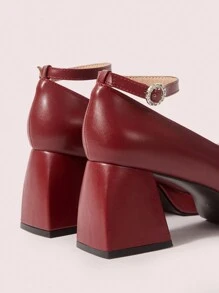 CUCCOO DOLLMOD Burgundy Round Toe Mary Jane Flats With Rhinestone Buckles, French Style, Waterproof Platform Thick High Heel Slip-On Women Shoes Spring Shoes Spring Break Easter - Burgundy - View 8