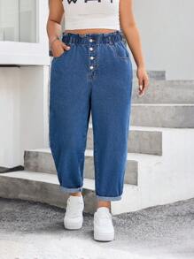 SHEIN EZwear Plus Size Women Button Fly Pocket Tapered Leg Denim Jeans - Medium Wash - View 5