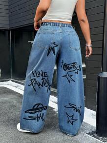 SHEIN EZwear Plus Size Women's Letter Print Pocket Wide Leg Jeans