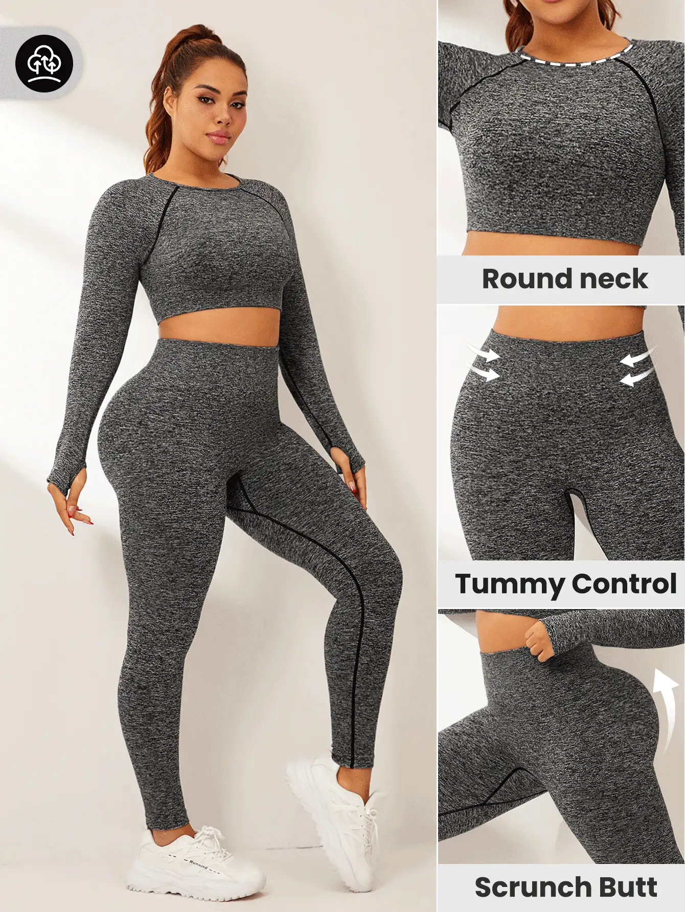 Easithlete Women Plus Size Seamless Athletic Long Sleeve Top And Leggings Set, For Winter - Grey - View 2