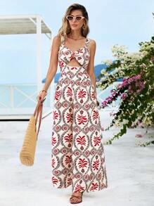 SHEIN VCAY Women's Loose Printed Camisole One-Piece Jumpsuit With Cross Back Design,Summer Clothing,Vacation Style,For Beach Vacation - Multicolor - View 7