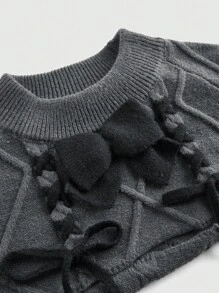 ROMWE Kawaii Plus Size Women's Cute Bow Decor Cropped Pullover Sweater - Dark Grey - View 3