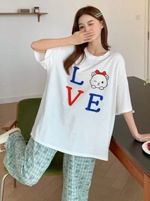 DAZY 2 件套卡通印花宽松短袖女士睡衣套装 - 白色 - 查看 8