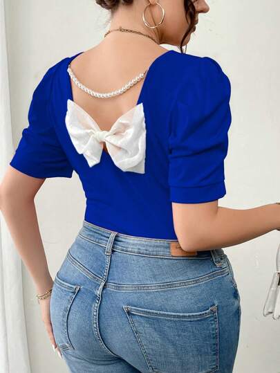 Elenzga 大码女式夏季蝴蝶结装饰短款泡泡袖修身圆领 T 恤新年衣服图案 T 恤女式上衣