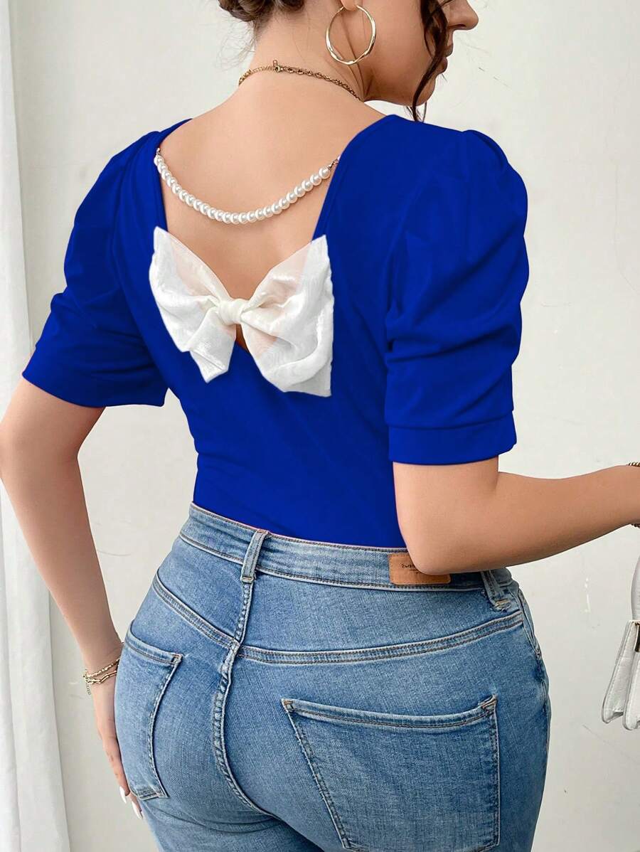 Elenzga 大码女式夏季蝴蝶结装饰短款泡泡袖修身圆领 T 恤新年衣服图案 T 恤女式上衣 - 寶藍色 - 查看 1