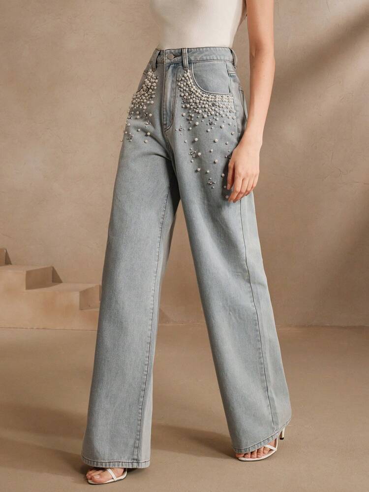 Women's Fashionable Glittering Beaded Straight Leg Jeans, Suitable For Spring And Summer, Mother's Day Gift