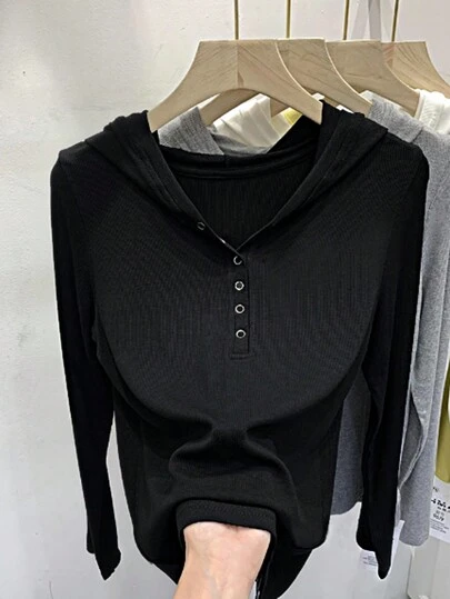 SHEIN Essnce Women Solid Color Half-Zip Casual Black Long Sleeve T-Shirt