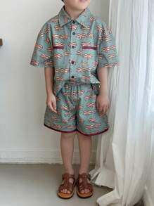 DAZY Set de 2 piezas: Camisa con botones de manga corta con estampado floral y pantalón corto para niño pequeño