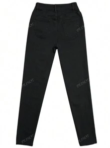Jeans skinny casual femme de couleur unie avec boutons et poches à l'avant