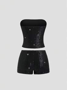 SHEIN Unity Bộ 2 áo liền quần sequin cho nữ, thời trang tối giản và mặc hàng ngày - màu đen - Xem 8