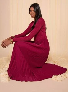 COSMINA 栗色女士提花不对称长款针织连衣裙 - 酒紅色 - 查看 3