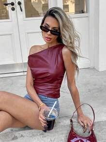 Siren Gaze Women's Burgundy Red Leather Top Casual Fashion 90s Outfit Street Shooting Spring Autumn Solid Color Pleated Collar PU Tank Top Wine Red Sleeveless Tops Going Out Top Fall Women Tops Suitable For Going Out And Parties Christmas Top Elegant Summer New Year