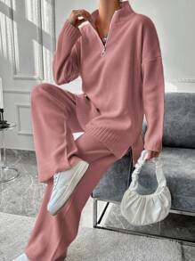 EURMUSE 2pcs/Set Women's Casual Solid Color Sweater & Leggings, Autumn/Winter - Rose Red - View 3