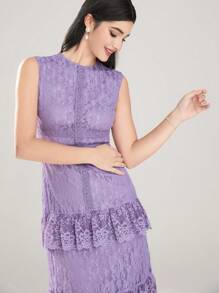 Modelyn Elegant Women's Solid Color Lace Ruffle Trim Mid-Length Dress - Purple - View 2