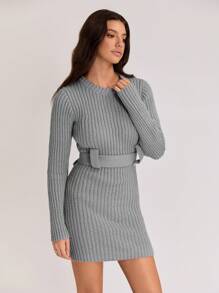 SHEIN Unity 女士纯色圆领长袖休闲修身毛衣连衣裙 - 淺灰色 - 查看 3