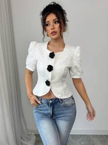 Chiquease Women's Casual Square Collar Flower Decor Bubble Short Sleeve Cropped Blouse