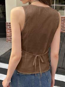 Jouncy Women's Solid Color V-Neck Sleeveless Casual Tank Top - Brown - View 2