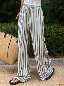DAZY Contrast Color Stripe Loose Drawstring Elastic Waist Wide Leg Pants, Bohemian Style For Women - Navy Blue - View 5