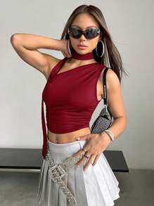 SHEIN ICON Top corto negro sólido con cuello asimétrico y plisado - Burdeos - Ver 5