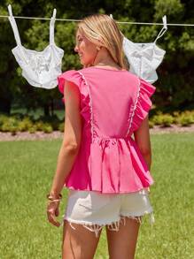 KARISMINA 女士 V 领拼布荷叶边 A 字形休闲假日衬衫 - 紅色 - 查看 2